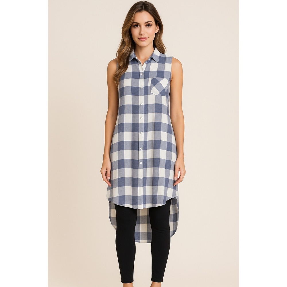 Rails Jordyn River Tunic Top Womens Small Blue White Plaid Rayon Side Slits